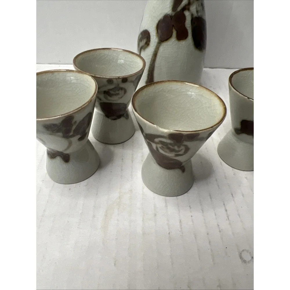 Vintage Ceramic Sake Pitcher & 6 Cups with Reactive Glaze; Pitcher‎ 5